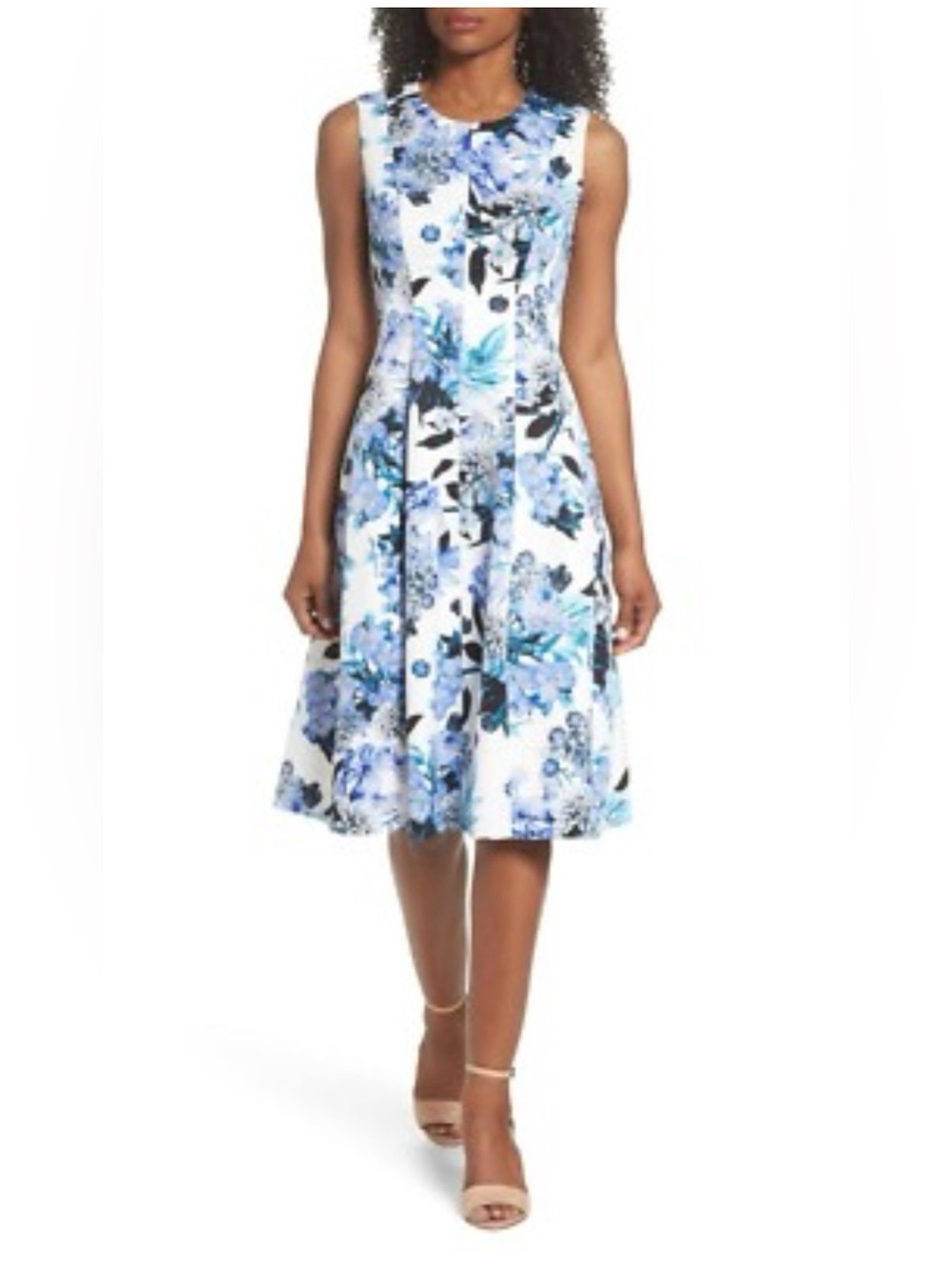 NWOT Eliza J Floral Fit-and-Flare Midi Pleated Dress in Blue and White Size 4